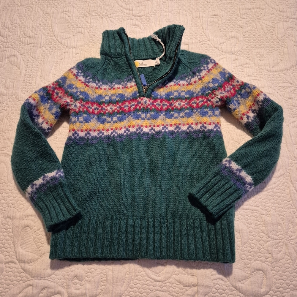 Boden 2-3 years green with multi colored design, 80% wool NWOT